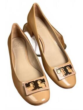 Tory Burch Beige Patent Leather Flats with Gold Logo Accent